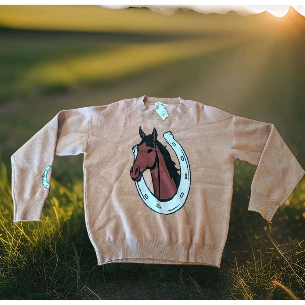 Sweet Envy Womens Western Horse Sweater Large Horseshoe Equestrian Cowgirl Brown